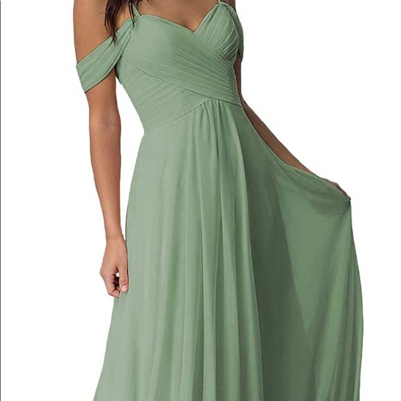 Off the shoulder A-Line pleated Chiffon dress with slit - Picture 1 of 2